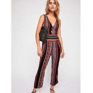 Free People All Shook Up Sleeveless Jumpsuit in Black Print sz 4 Bohemian Retro